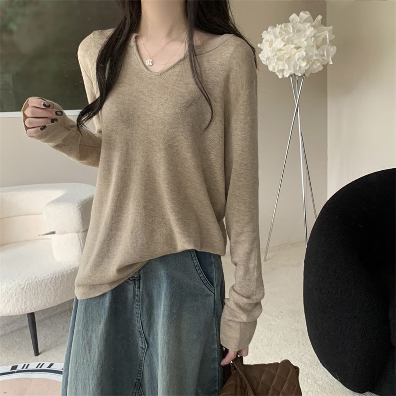 小香风灰色长袖V领T恤女秋冬季甜美显瘦打底衫宽松百搭针织衫上衣|undefined