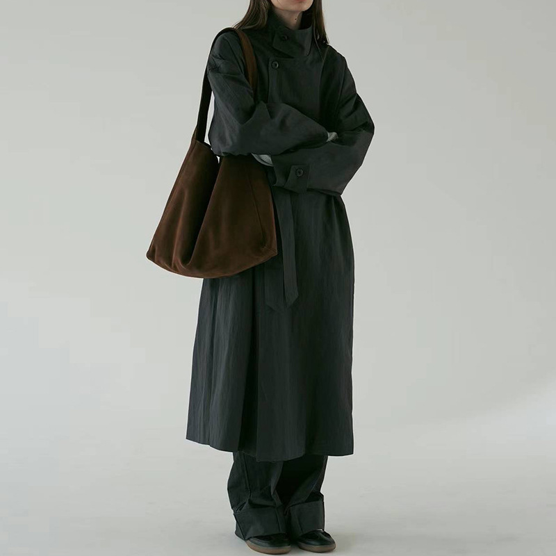 In-Stock 2026 Spring New Korean Dongdaemun Simple Commuter Versatile Silhouette Stand Collar Long Trench Coat for Women In-Stock 2026 Spring New Korean Dongdaemun Simple Commuter Versatile Silhouette Stand Collar Long Trench Coat for Women