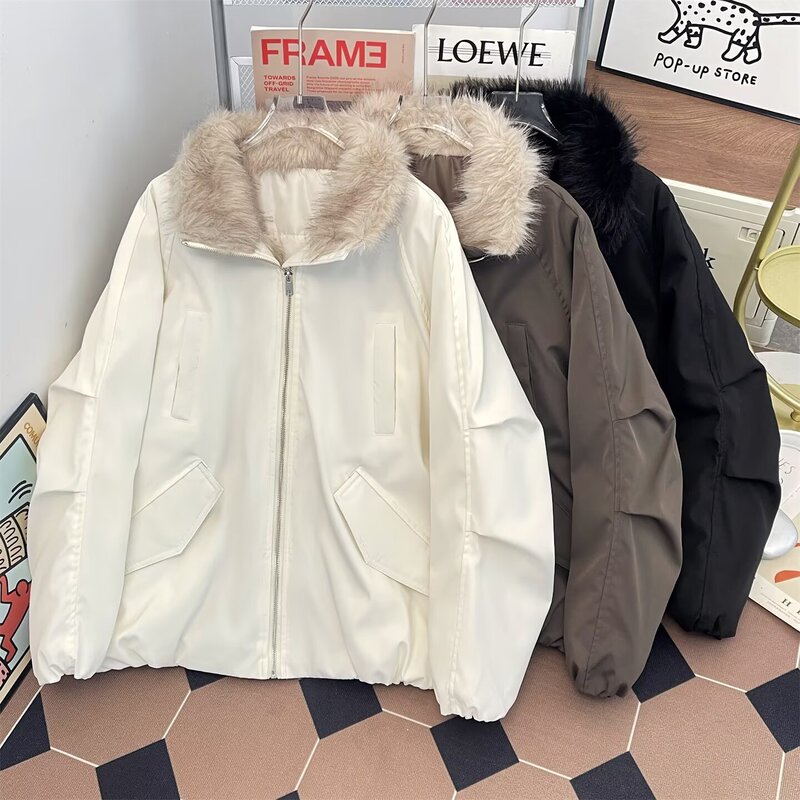 Fur Collar Patchwork Parka for Men and Women, Loose Fit, Waterproof, Windproof, Warm, Versatile, Fashionable Cotton Jacket, Winter Coat