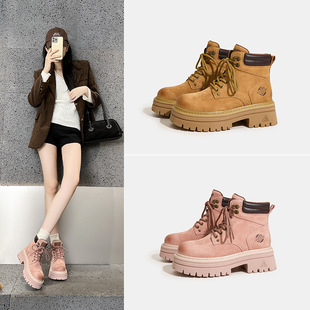 2025 New Genuine Leather Thick Sole Heightening Casual Martin Boots Women's Outdoor Sports Easiest for Match Rhubarb Boots Women's Summer