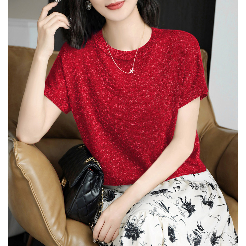 Red Shimmer Knit Short-Sleeve T-Shirt for Women, Summer 2026 New Model, Lyocell Tencel Breathable Loose Round-Neck Top