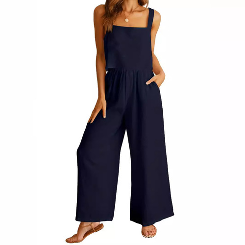 2025 Cross-border new style European and American foreign trade women's clothing 2-piece set square neck sleeveless tank top wide-leg pants casual suit 