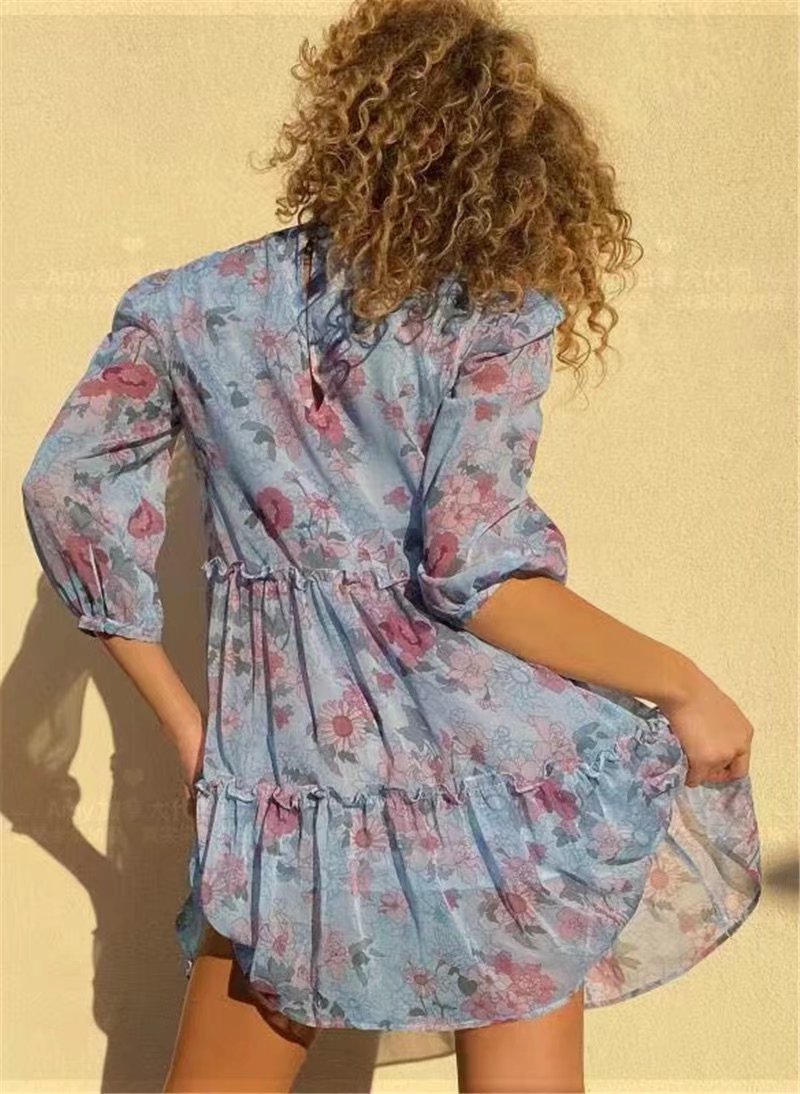 autumn Retro  Long Sleeve layer floral print Dress nihaostyles wholesale clothing NSAM90386