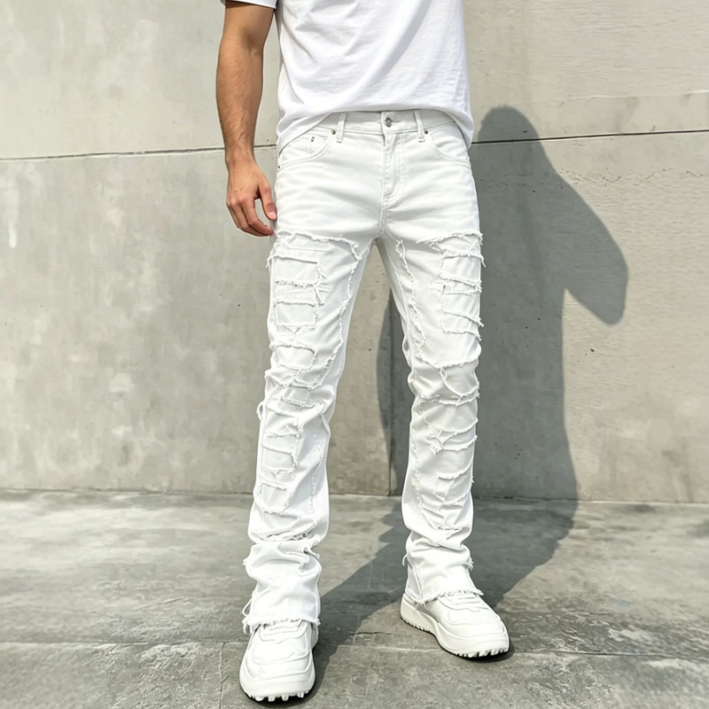 American-Style High Street Multi-Layered Frayed Hem Flared Jeans, High Elasticity, Breathable, Comfortable, Cross-Border Stacked Distressed Men's Summer Thin Style