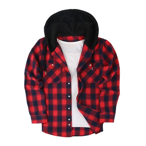 2025 Spring Loose Casual Flannel Long Sleeve Hooded Plaid Shirt for Men - High-end Style