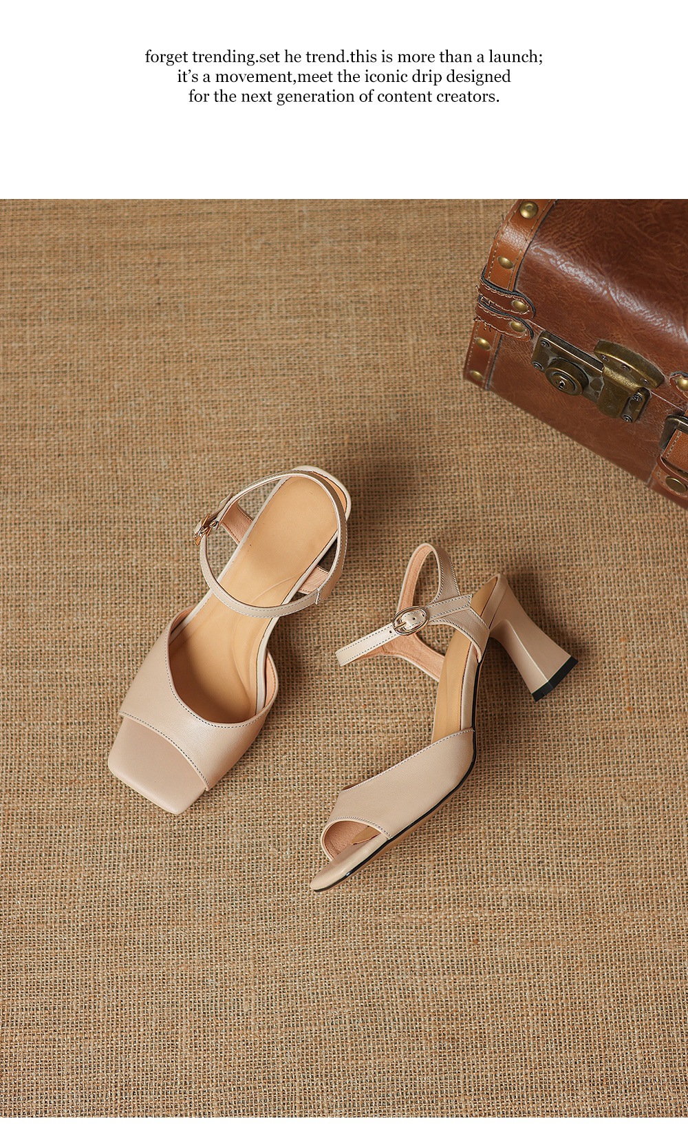 Sandal cao gót nữ mũi vuông hở ngón chân, quai một chữ, gót thô 9 cm — màu trắng ngà chi tiết 20