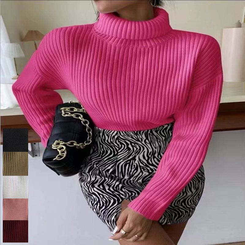 Cross-border 2023 autumn and winter red sweater Korean solid color temperament commuter turtleneck pullover women's loose long sleeve sweater