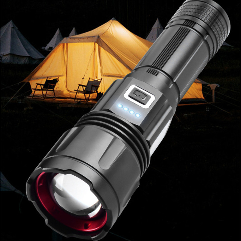 White Laser Flashlight with Dual Side Lights, White and Red Light, Logo Laser Printing, Aluminum Alloy Rechargeable Light, Zoom Floodlight