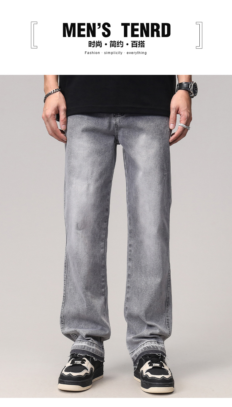 2023 Spring/Summer new solid-color jeans for men, washed light gray distressed pants with frayed edges, American straight-leg pants pic 1