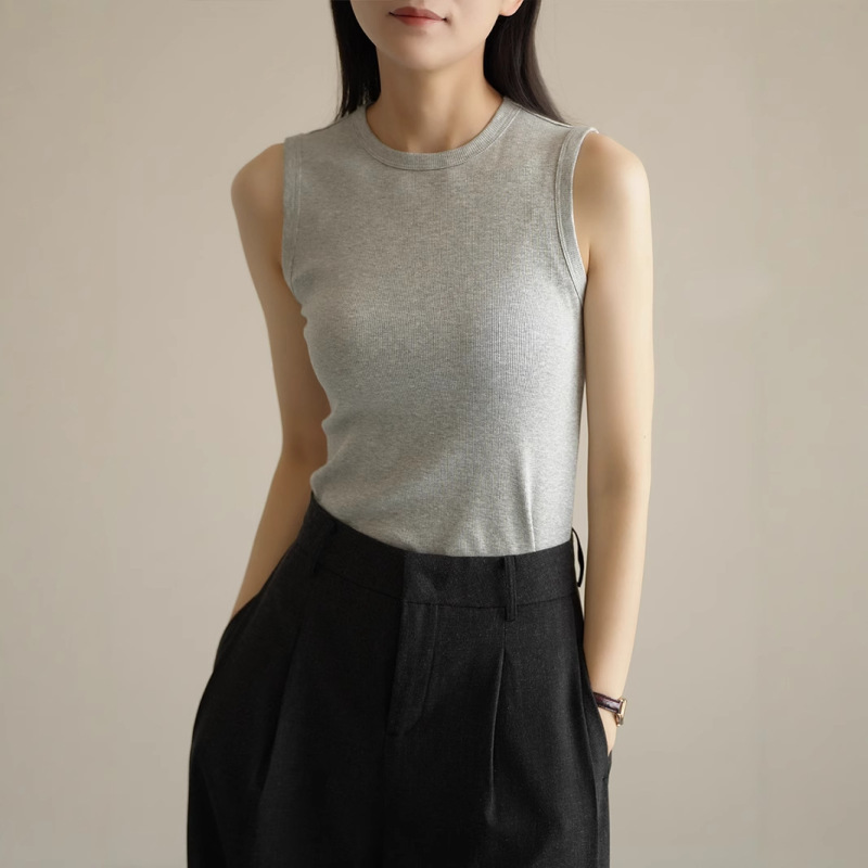 Summer Pure Cotton Small Round Neck Camisole Vest Women's Pure Desire Wind-Wearing Outer Wearing I-Shaped Wide Shoulder Strap Cover Breast Inner Top