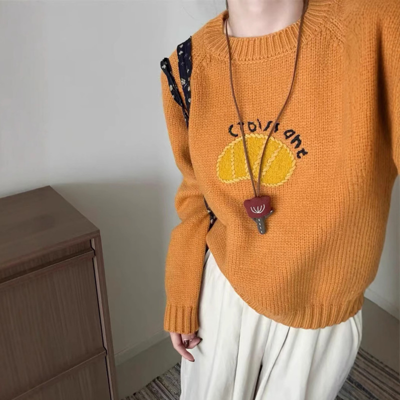 Lazy Style Letter Mango Embroidered Crewneck Pullover Sweater Women's Autumn and Winter Wear Thickened Outer Wear Sweater Top