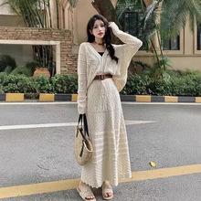 法式小香风钩花针织衫半身裙两件套秋季新款镂空韩系连衣裙女套装