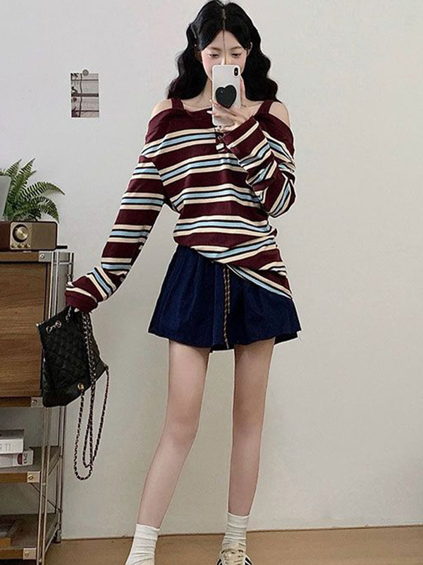 辣妹撞色条纹长袖T恤女2025秋新款别致高级感露肩修身打底衫上衣|undefined