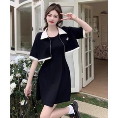 大きいサイズの黒いストラップのワンピースの女性の夏服のファッションの2つのセットの小さい太ったmmは腹を遮って痩せているベストのスカートのスーツを現します。