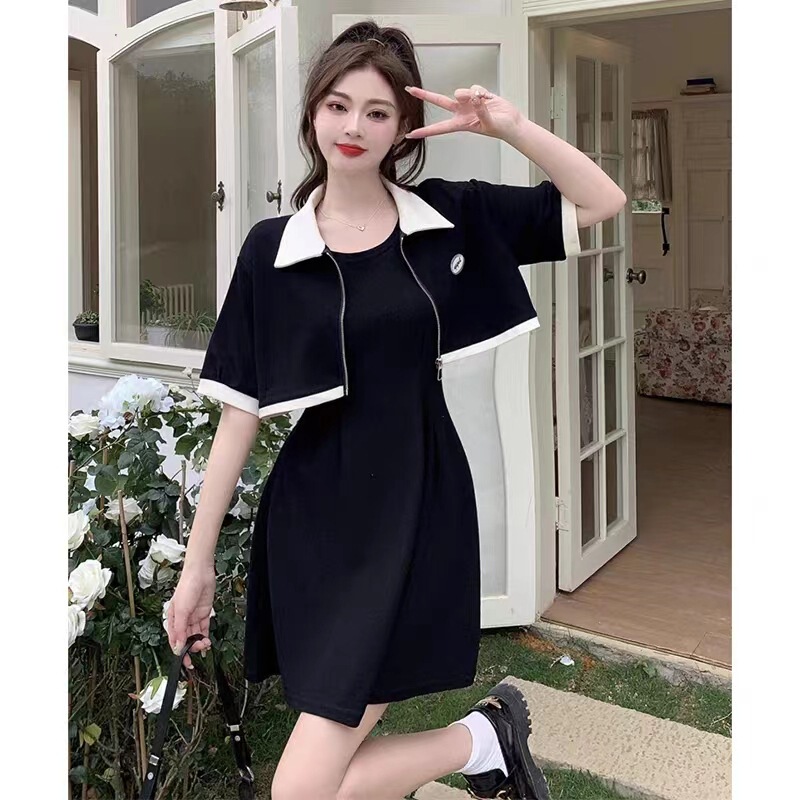 大きいサイズの黒いストラップのワンピースの女性の夏服のファッションの2つのセットの小さい太ったmmは腹を遮って痩せているベストのスカートのスーツを現します。|undefined