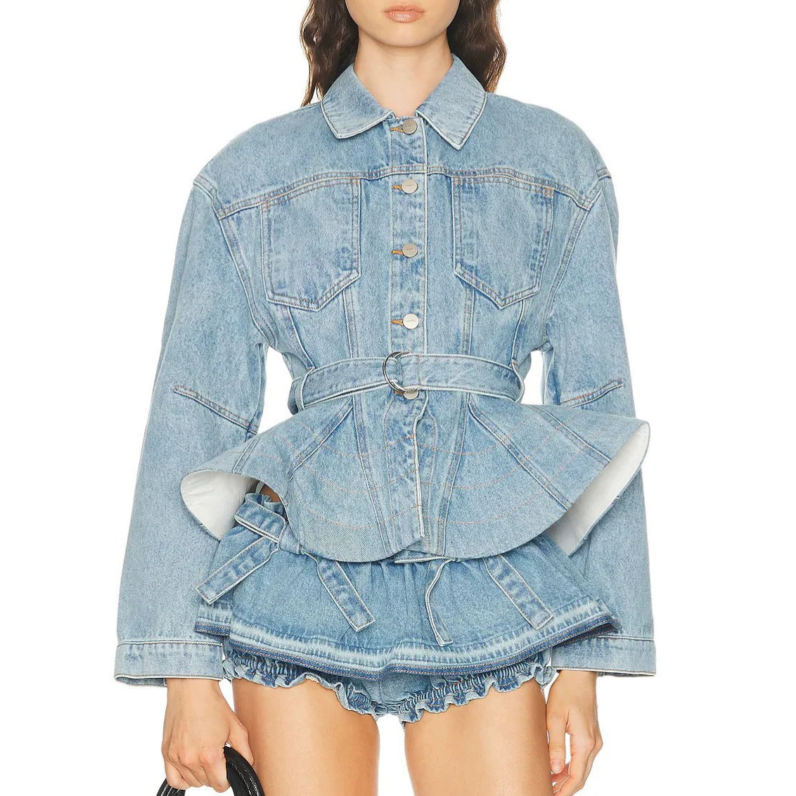Qadın cins jaket, fırfırlı bel vurğulu payız modeli