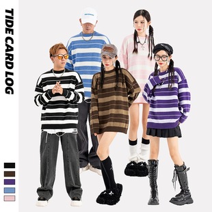 Tide Card Log National Trend Contrast Color Thick Striped Round Neck Sweater Autumn and Winter Retro Jacquard Basic Sweater