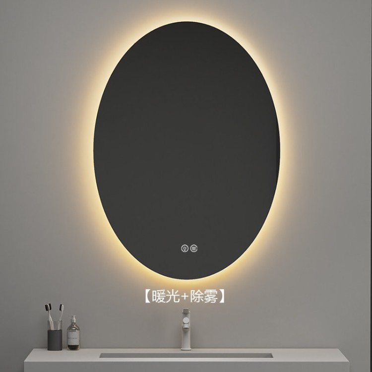 espejo inteligente elíptico de alta definición de forma especial espejo de maquillaje colgado en la pared con iluminación LED pantalla táctil anti-nebble espejo de baño