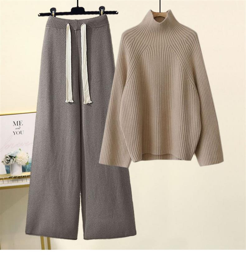 Roupas femininas estilo preguiçoso terno para mulheres novo outono e inverno engrossado lã grossa malha suéter drapeado calças de perna larga terno de duas peças_voghion.com