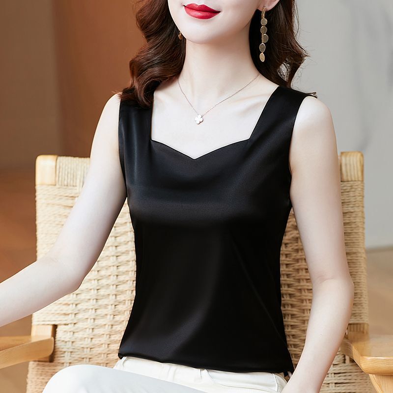 Satin Collar Camisole Women's Summer Outer Wear Large Size Belly-Covering Sleeveless Bottoming Shirt Suit with Western Style Top