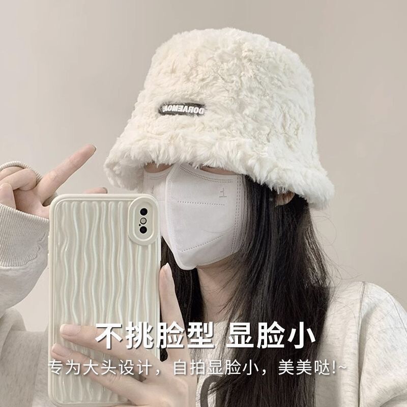 秋冬新款加绒保暖韩版百搭素颜水桶盆帽仿兔毛大头围毛毛渔夫帽子|undefined