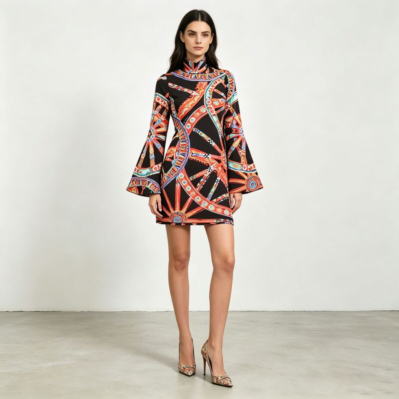 Fashionable European and American style dress, 2026 autumn new model, printed high-waisted slimming stand-up collar bell-sleeve bodycon short dress for women Fashionable European and American style dress, 2026 autumn new model, printed high-waisted slimming stand-up collar bell-sleeve bodycon short dress for women