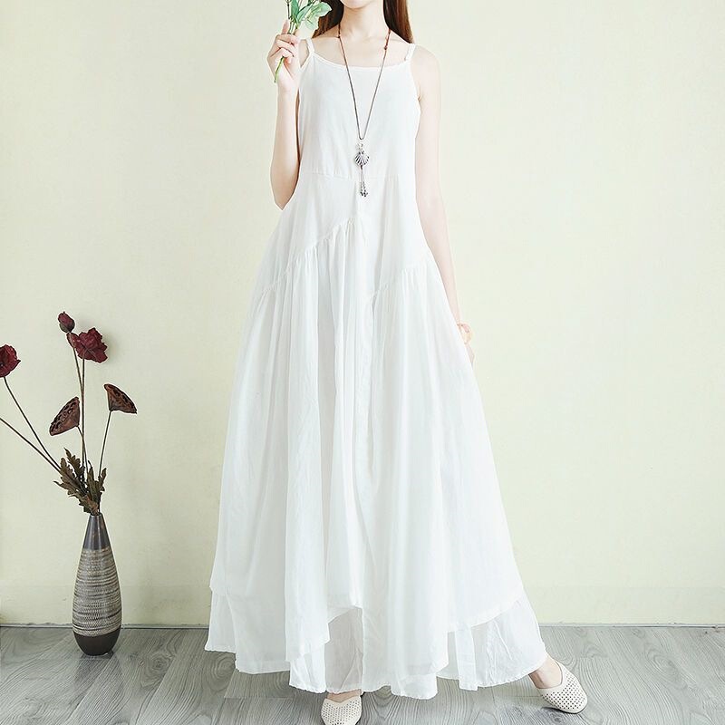 Vintage Artistic Cotton and Linen Spaghetti Strap Dress, Summer Ultra-Long Beach Dress, Elegant Spaghetti Strap Long Dress, Loose Mori Girl Style