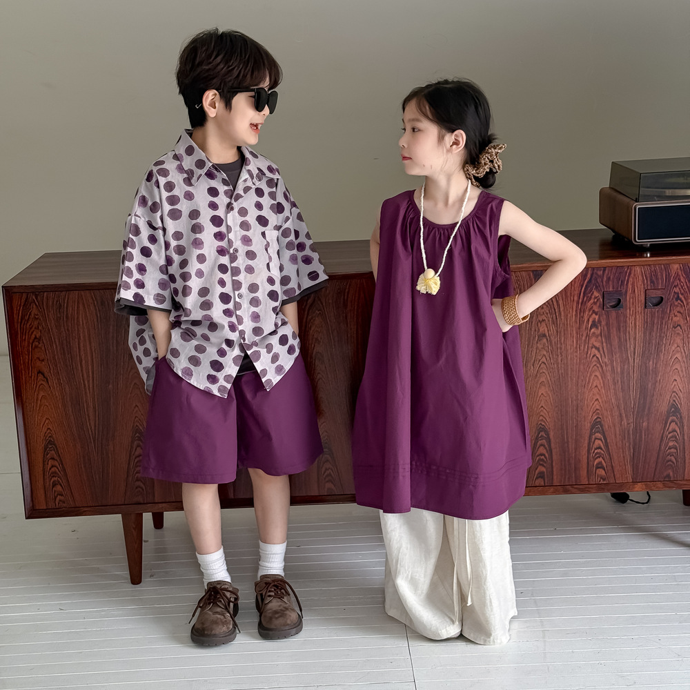 Children's Outfit 2026 Summer Korean Style Shirt and Shorts Two-Piece Set for Boys and Girls, Children's Solid Color Strap Dress for Siblings