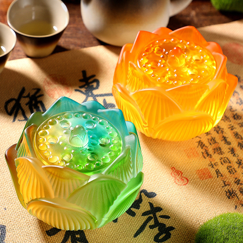 琉璃莲花炉香篆炉七彩渐变荷花香炉家用打香篆室内水琉璃摆件批发