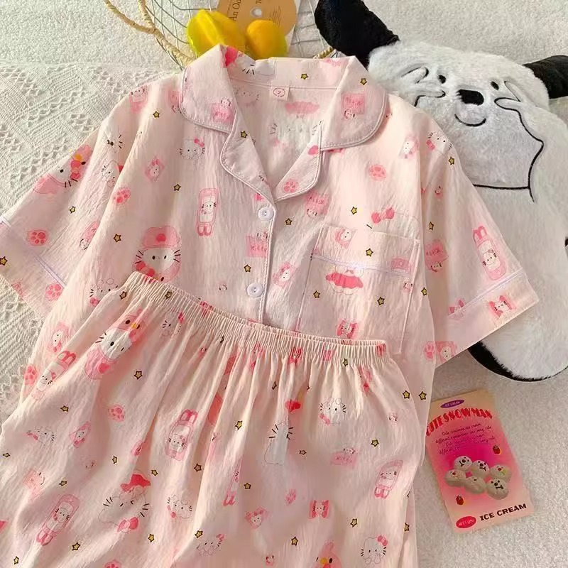 Impresión de dibujos animados pantalones cortos de manga corta de dos piezas de verano nuevo pijamas de algodón nubes de niñas vestidos de hogar de talla grande