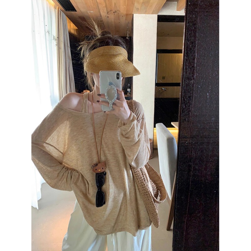 Spring Sunscreen Blouse Two-piece Set Women's Micro-transparent Thin Long-sleeved T-shirt Hanging Neck I-shaped Camisole Sleeveless Top