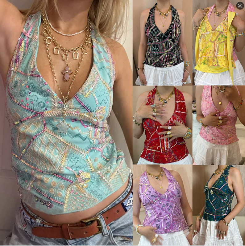 Ethnic Sequin Element Dopamine Halter Neck Tank Top for Women, Stylish Vacation Style V-Neck Tie-Up Spicy Girl Top Ethnic Sequin Element Dopamine Halter Neck Tank Top for Women, Stylish Vacation Style V-Neck Tie-Up Spicy Girl Top