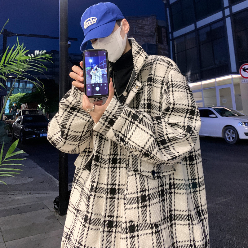 小香风外套男春秋新款格子毛呢大衣痞帅oversize夹克高街潮牌大码