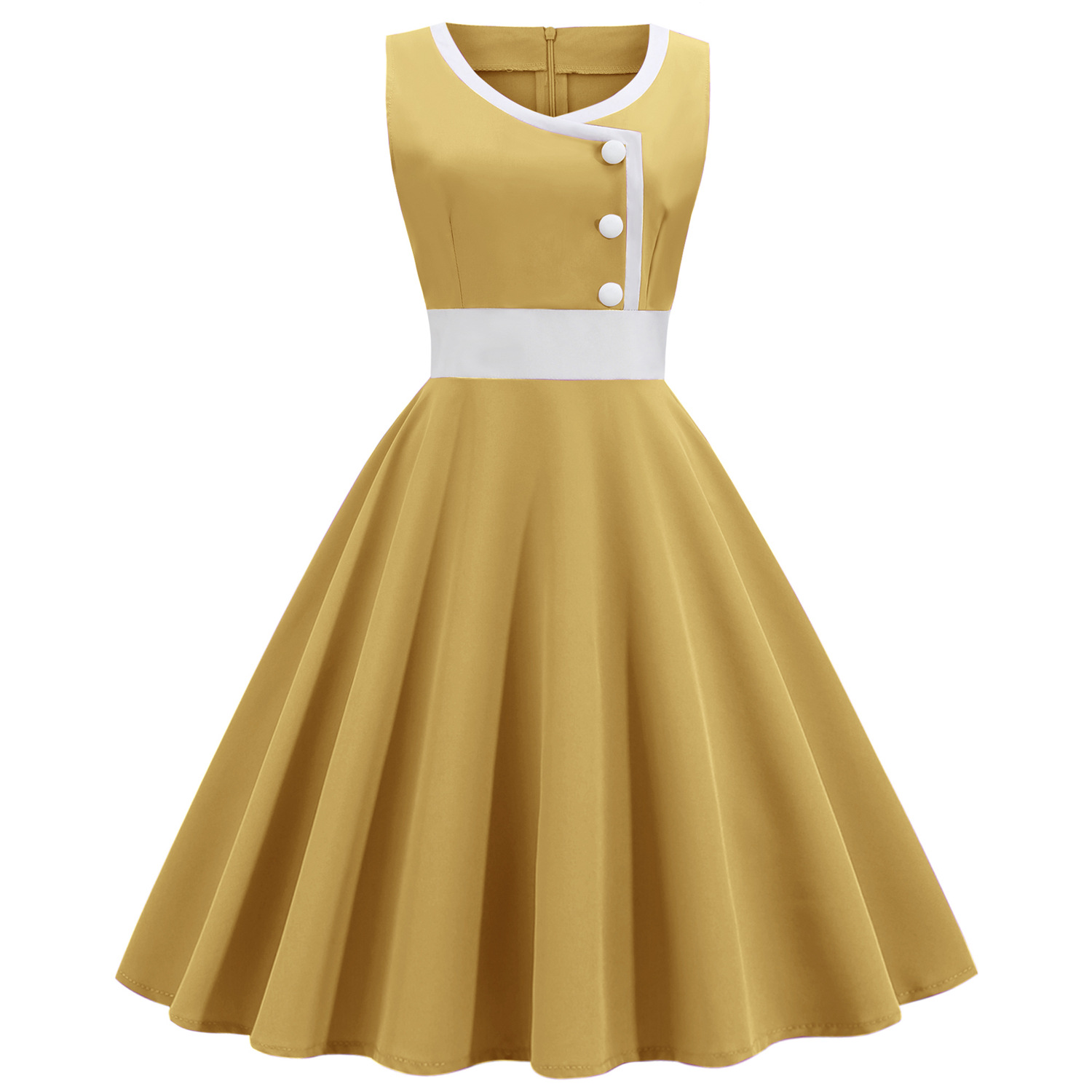  Femmes Hepburn rétro blanc rayure couture fausse simple boutonnage décoratif couleur unie grande jupe_voghion.com
