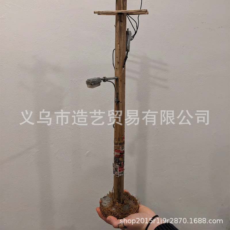 跨境新品木质电线杆灯书桌台灯摆件家居装饰品路灯模型木质工艺品
