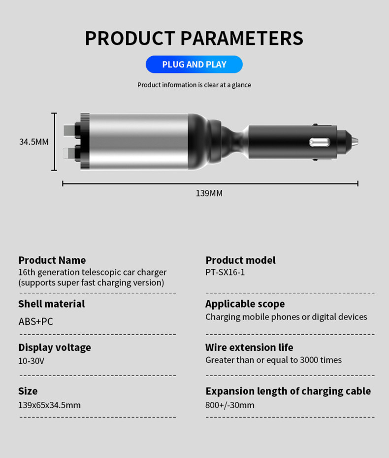 Car Charger with Retractable Cable, One-To-Four Car Charger, Super Fast Charging, Flash Charging, Car Phone Charging Head, Cigarette Lighter