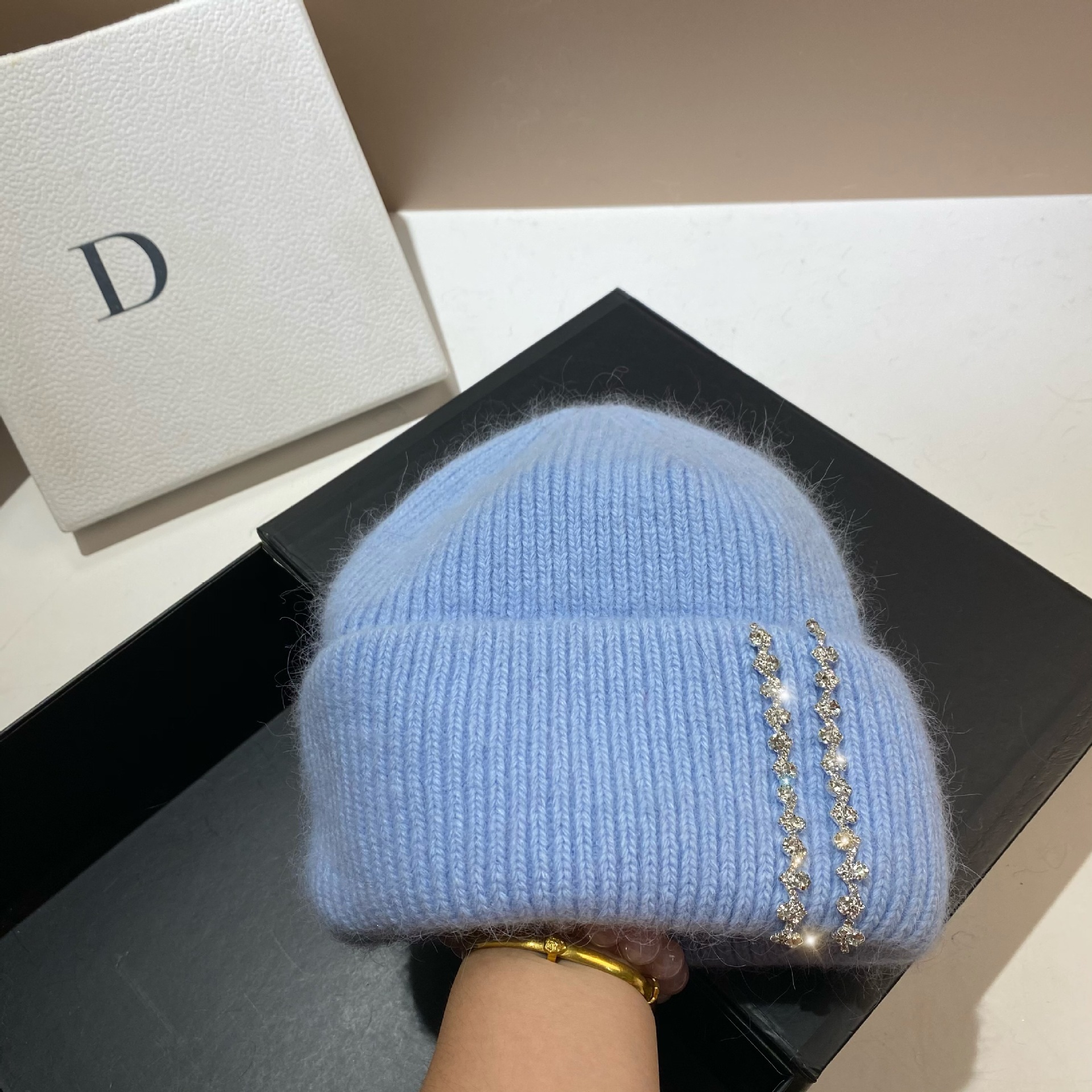 Winter-Thermomütze für den Außenbereich, langes Kaninchenhaar, doppelt gefaltete Strickmütze, Mode-Promi-Feng-Shui-Diamant-Wollmütze_voghion.com