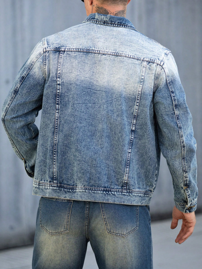 Men's Heavy Duty Denim Jacket Trendy Pleated Gradient Outerwear_voghion.com