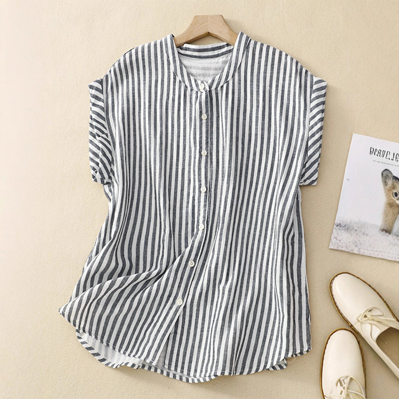 2025 New Cross-Border European and American Clothing Amazon Temu Hot Selling Black and White Stripesd Shirt Casual Women's Tops