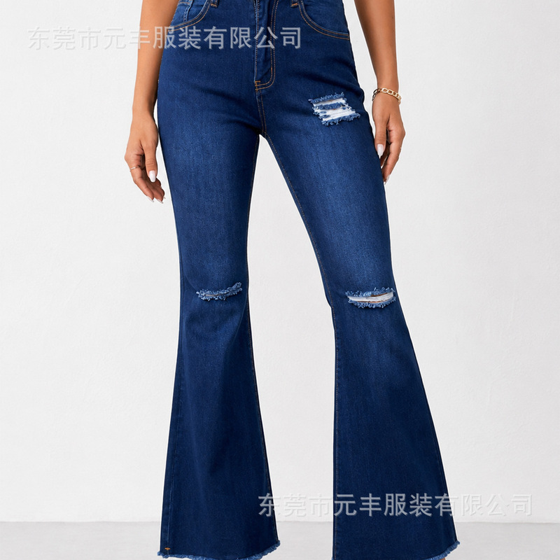 Cross-Border E-Commerce European and American Sexy Women's Fashion Knee-Hole Ripped Stretch Slim-Fit Flared Jeans Cross-Border E-Commerce European and American Sexy Women's Fashion Knee-Hole Ripped Stretch Slim-Fit Flared Jeans