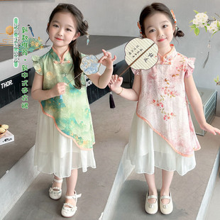 Girls' Dress Summer New Chinese Style Cheongsam 2025 Summer New Flutter Sleeve Dress Ancient Style Button Suit