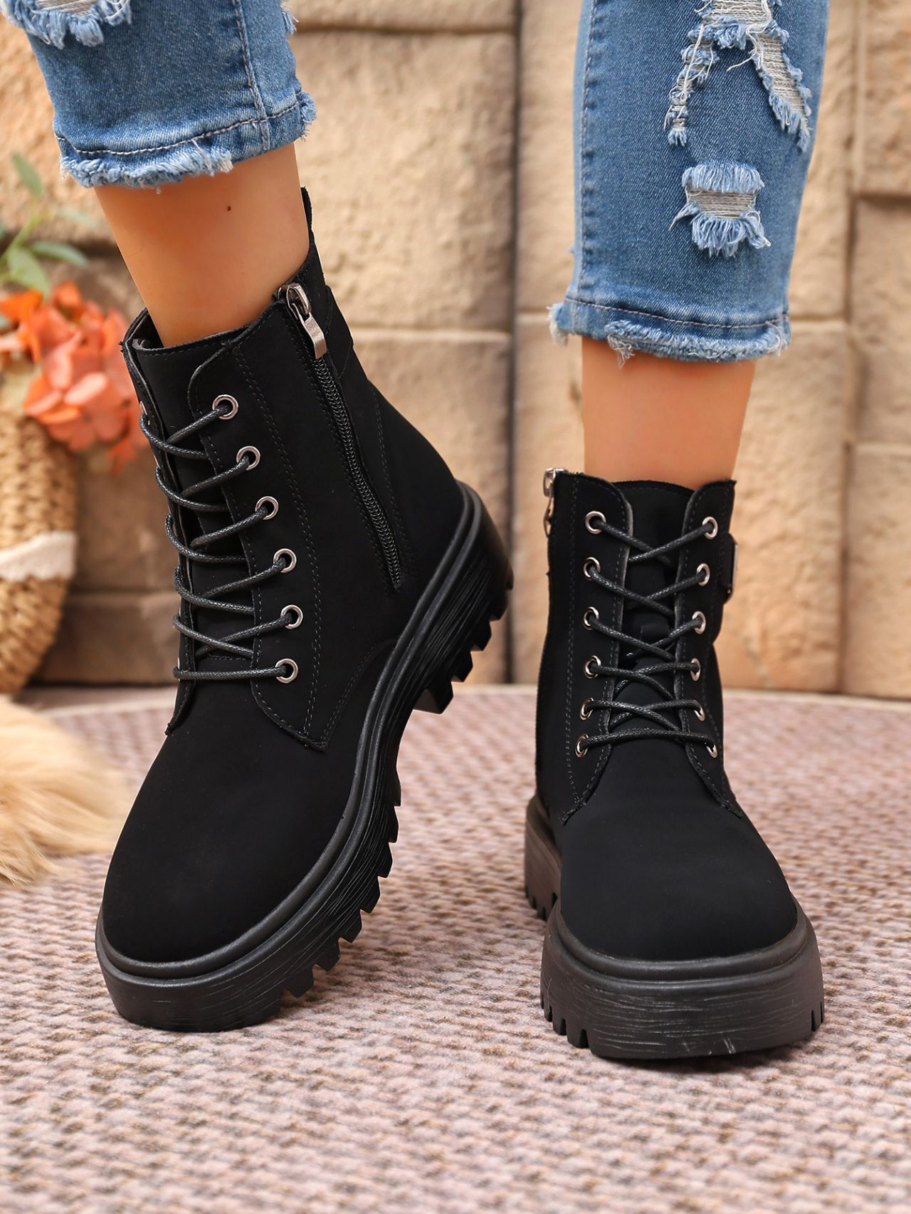 Women's Round Toe Ankle Boots With Side Zipper And Belt Buckle_voghion.com