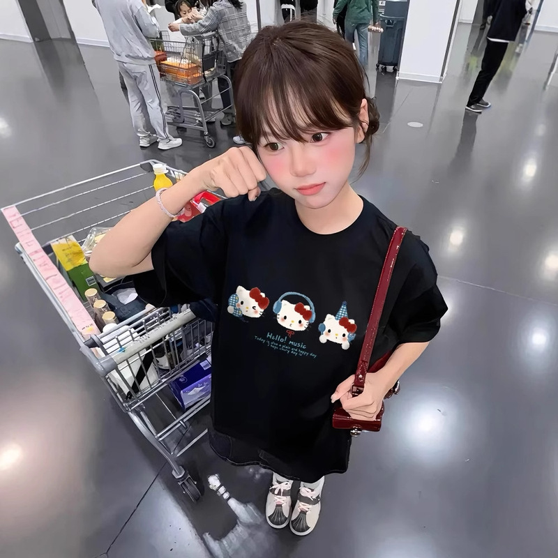 Kitty Cat Pure Cotton Black Short-Sleeved T-Shirt for Women Summer 2026 New Design Niche Student Loose Half-Sleeved Top Kitty Cat Pure Cotton Black Short-Sleeved T-Shirt for Women Summer 2026 New Design Niche Student Loose Half-Sleeved Top