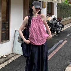 复古百搭撞色格子无袖背心女夏季2025新款甜美减龄宽松花苞上衣潮