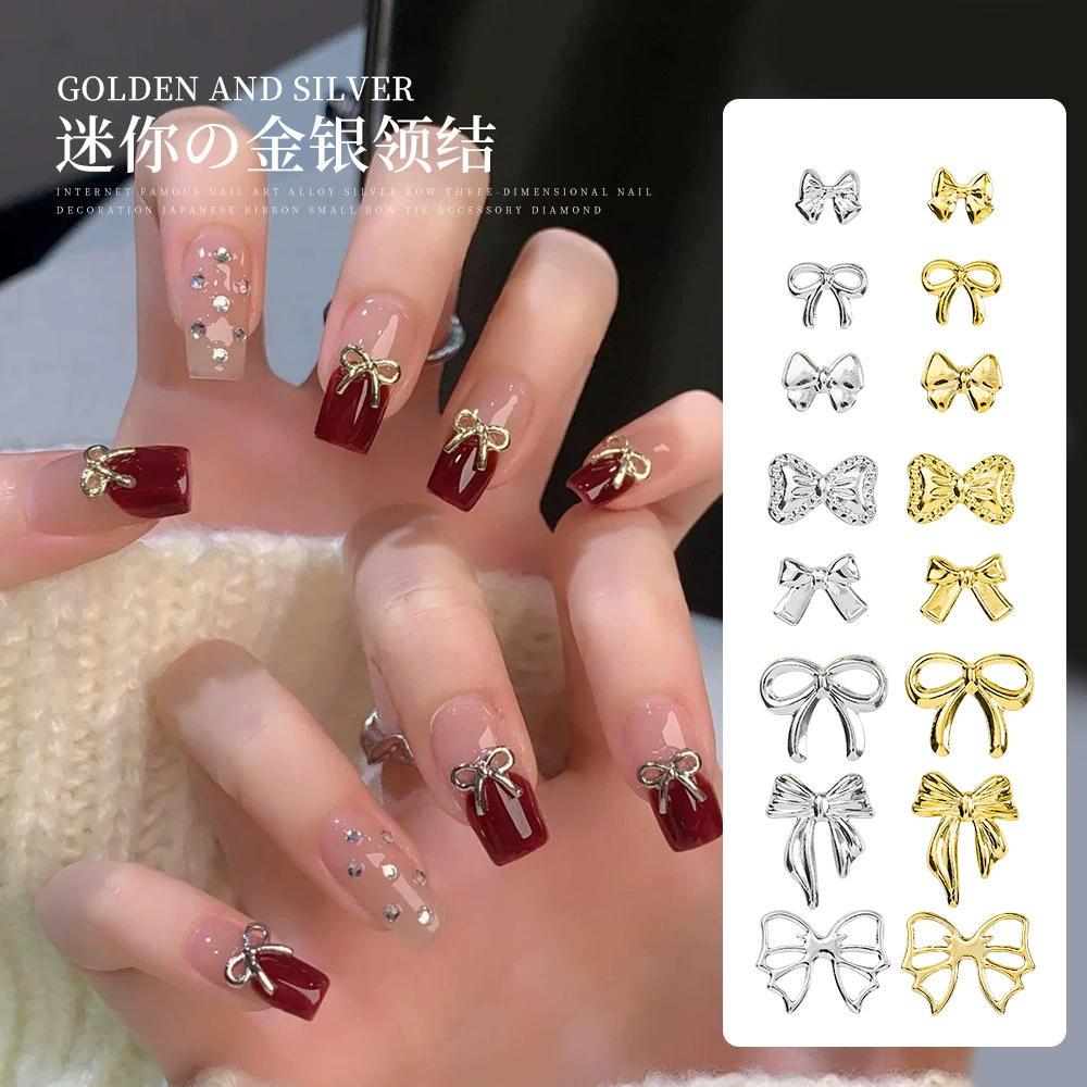 Новый маникюр ювелирная сетка красный сплав бант золотой серебряный