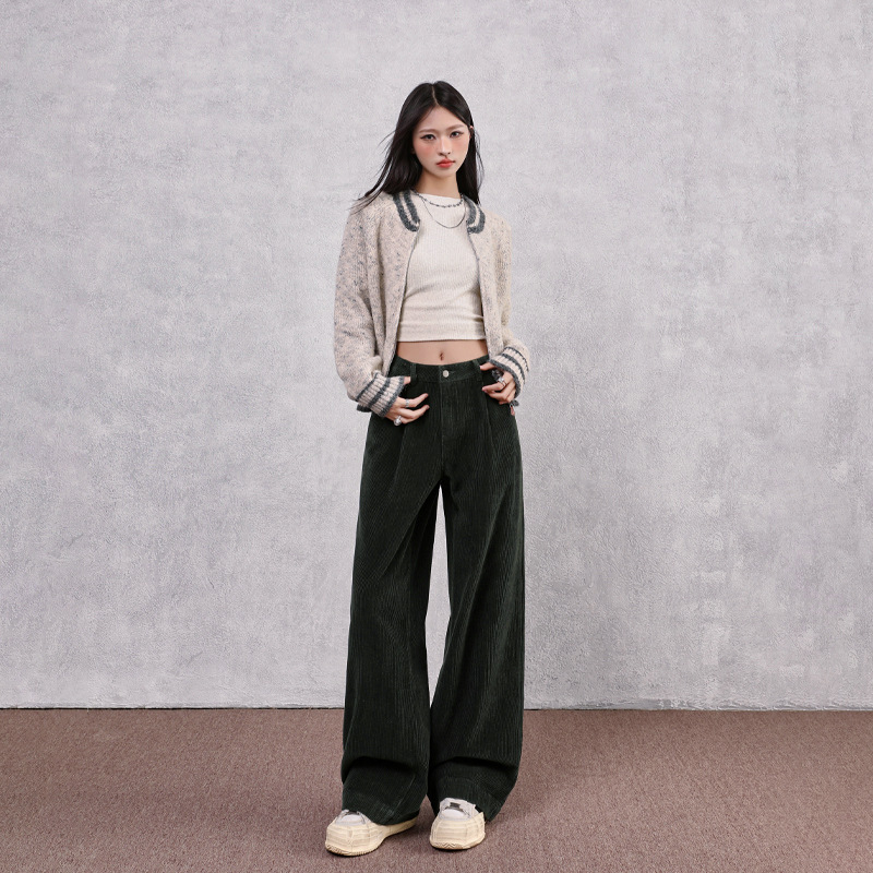 美拉德棕色灯芯绒阔腿裤女2025秋季复古高腰直筒牛油果绿休闲裤子|undefined