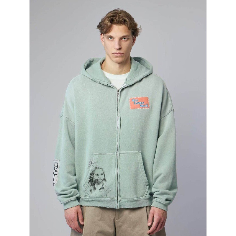 Paly Hollywood high street embroidered printed ripped hooded sweatshirt for men and women, loose casual vintage jacket, trendy Paly Hollywood high street embroidered printed ripped hooded sweatshirt for men and women, loose casual vintage jacket, trendy