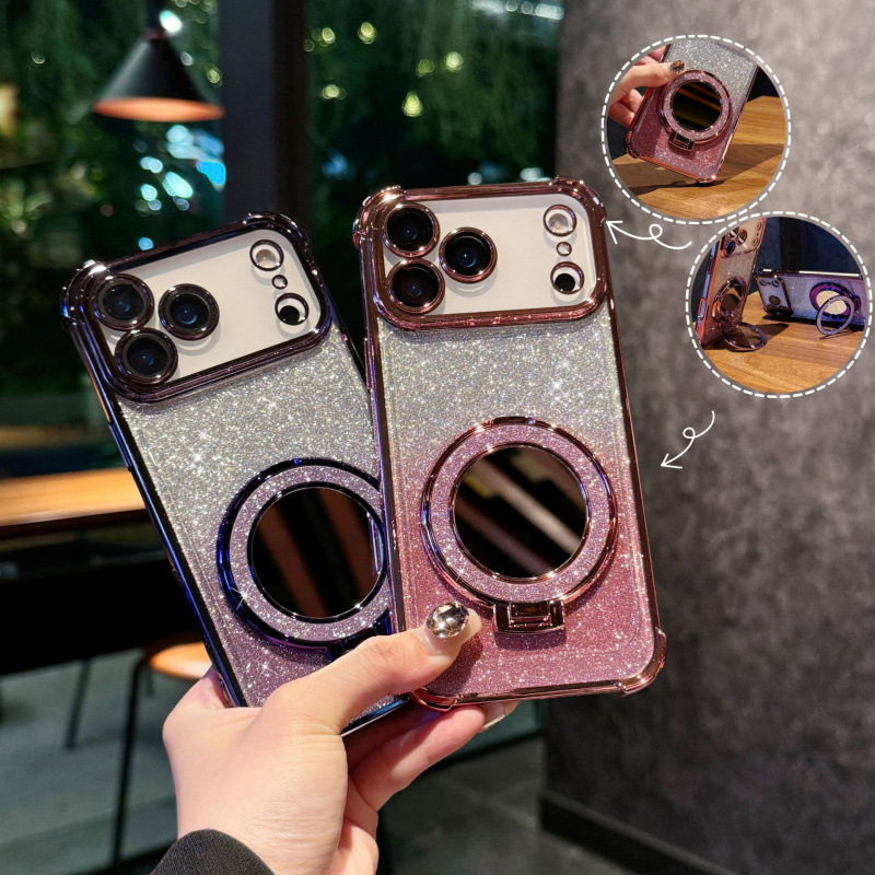 闪粉镜子磁吸支架适用iPhone17PRO手机壳16苹果13四角电镀防摔保|undefined