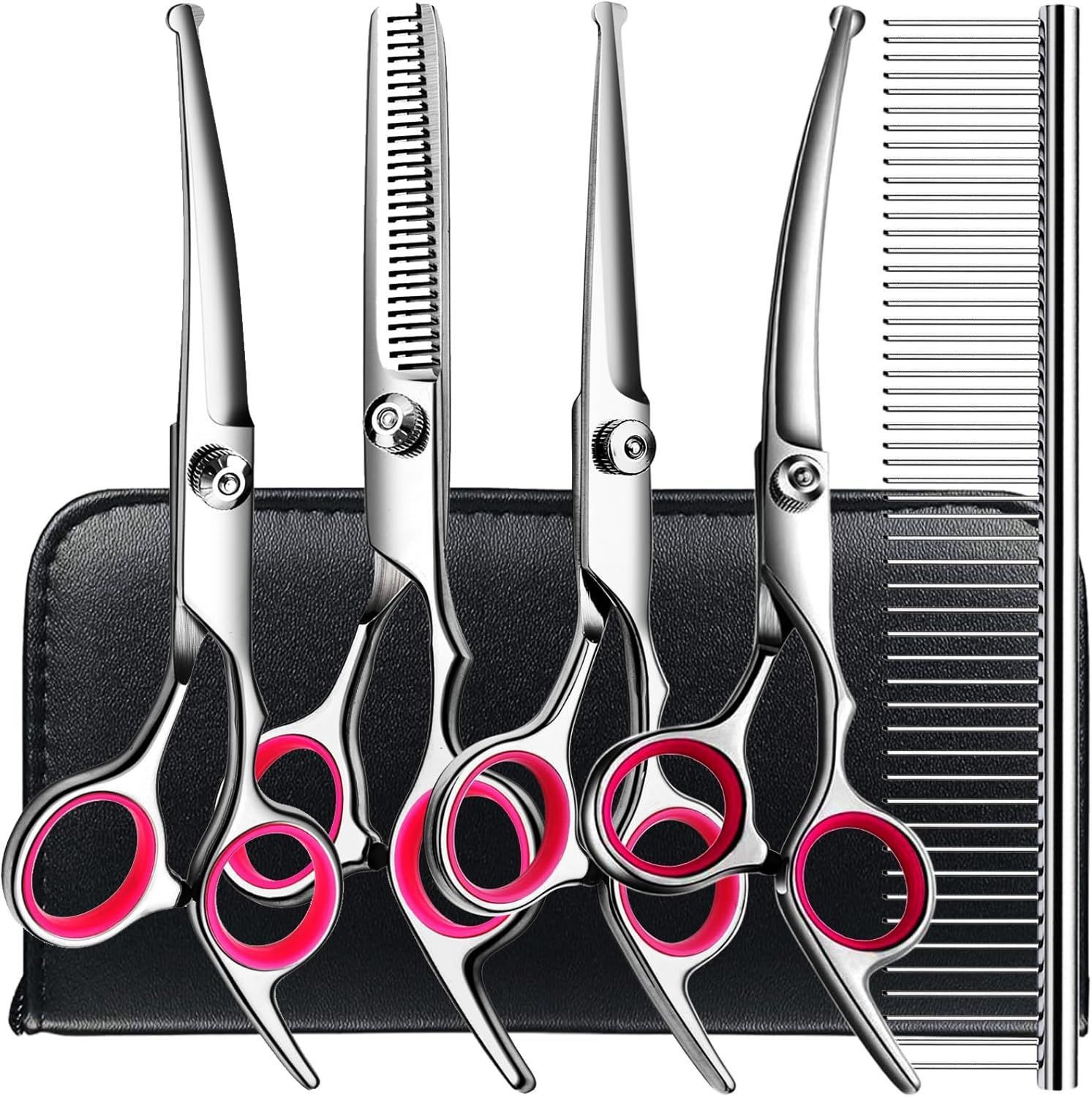 Fish mouth white thread powder ring - flat scissors + dental scissors + upper warping + lower warping + steel comb + leather bag