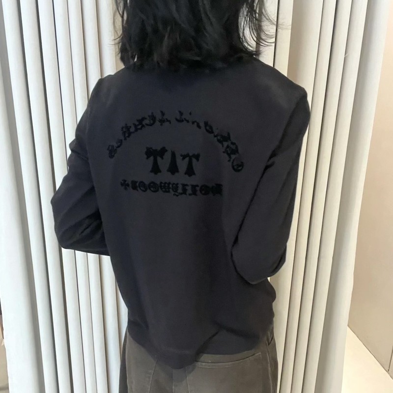 十字架25秋潮牌克罗*薄款t恤打底衫宽松懒人时髦复古植绒字母长袖|undefined